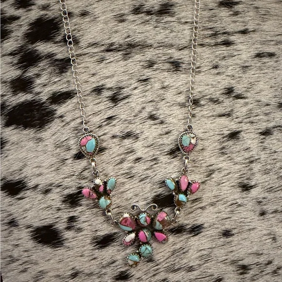 ❤️ Cotton Candy Kingman Turquoise Dragonfly Navajo Style Sterling 925 Necklace - Picture 7 of 11